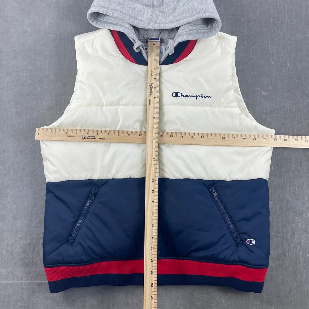 Champion Men's XL White Blue Hooded Puffer Vest Colorblock J4380 Quilted‎